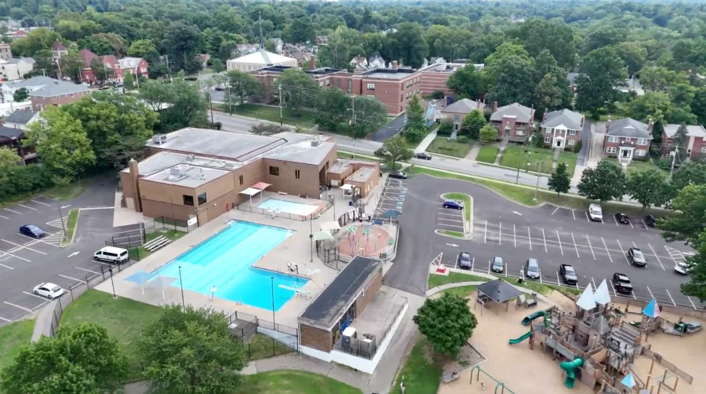 Pleasant Ridge Recreation Center, with pool and playground called 100 hands park