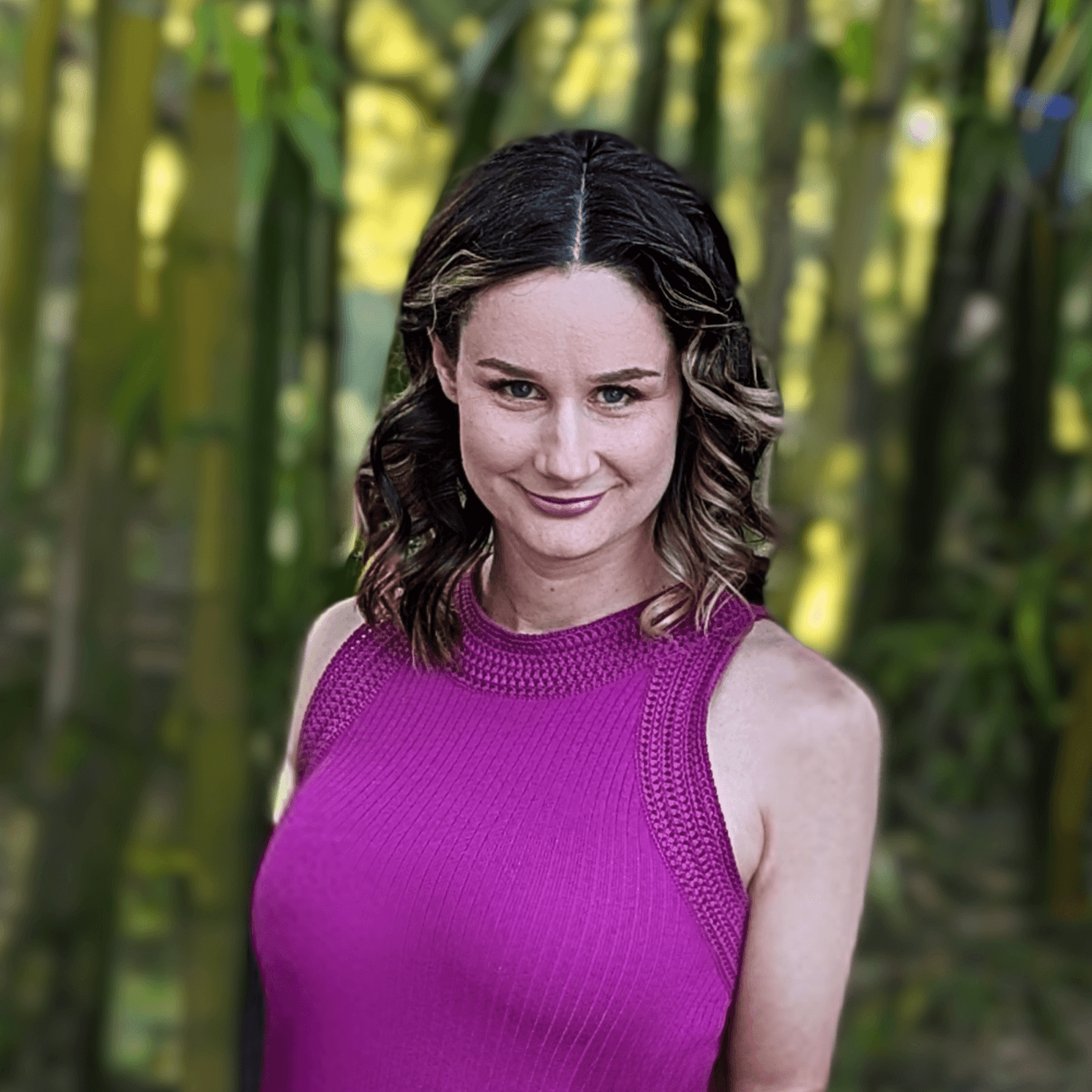 Sarah Rose Realtor in purple dress with a closed mouth smile