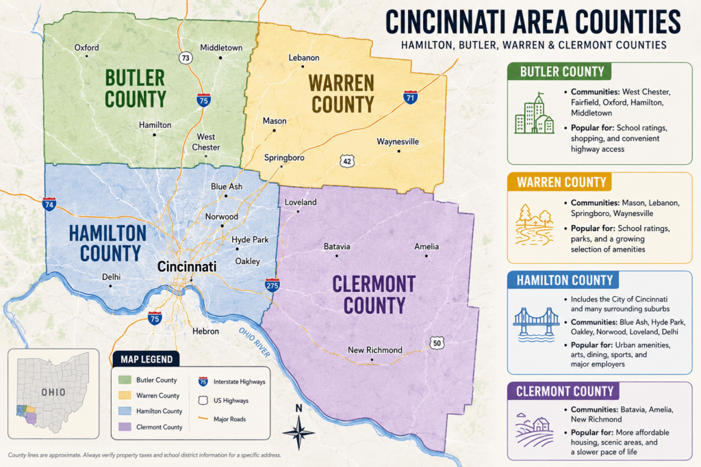 Map of Hamilton County, Butler County, Warren County, and Clermont County in the Cincinnati Ohio area
