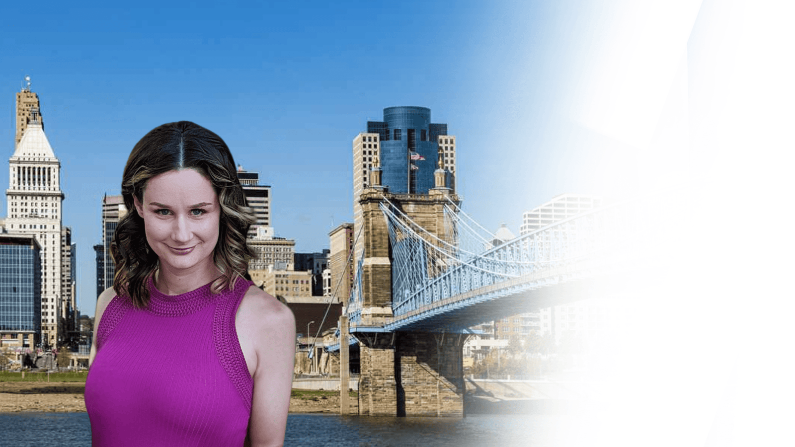 Sarah Rose, Cincinnati Realtor, with the Cincinnati skyline and Roebling Bridge